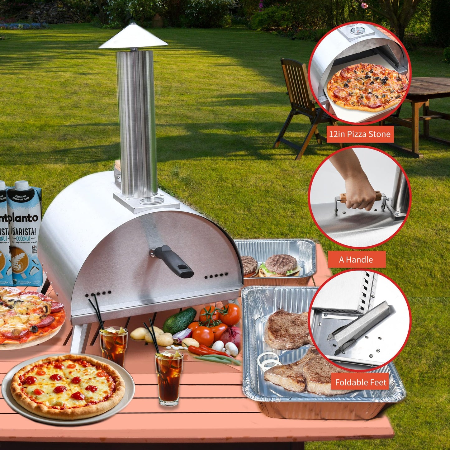 Rixordd 12" Wood Pellet Pizza Oven – Portable Stainless Steel Outdoor Pizza Maker with Built-In Thermometer, Foldable Legs, Carry Handle & Cordierite Pizza Stone for Backyard, Patio & Camping