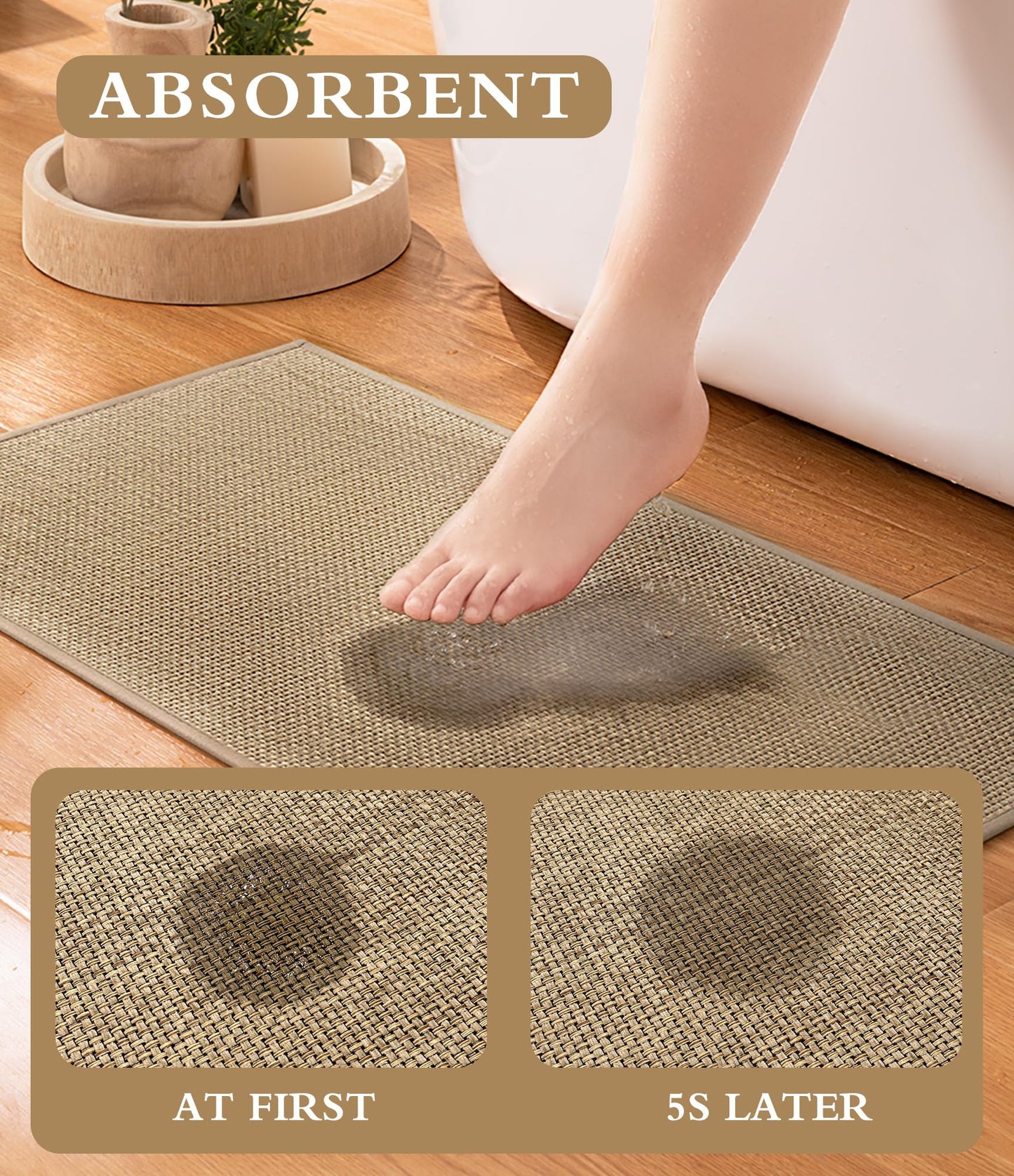 YIHOUSE Bathroom Rugs Sets 2 Pieces, Beige Ultra Thin Bath Mats Fit Under Door, Absorbent Quickly Dry Rubber Backing Braided Bath Mat Set, Non Slip Washable Bath Rugs for Bathroom Floor, Beige