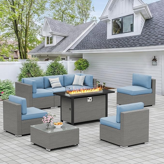 Crownland 8-Piece Outdoor Patio Furniture Sets with 45” Propane Gas Fire Pit Table, All-Weather Grey Wicker Rattan Sectional Sofa with Coffee Table(Light Blue)