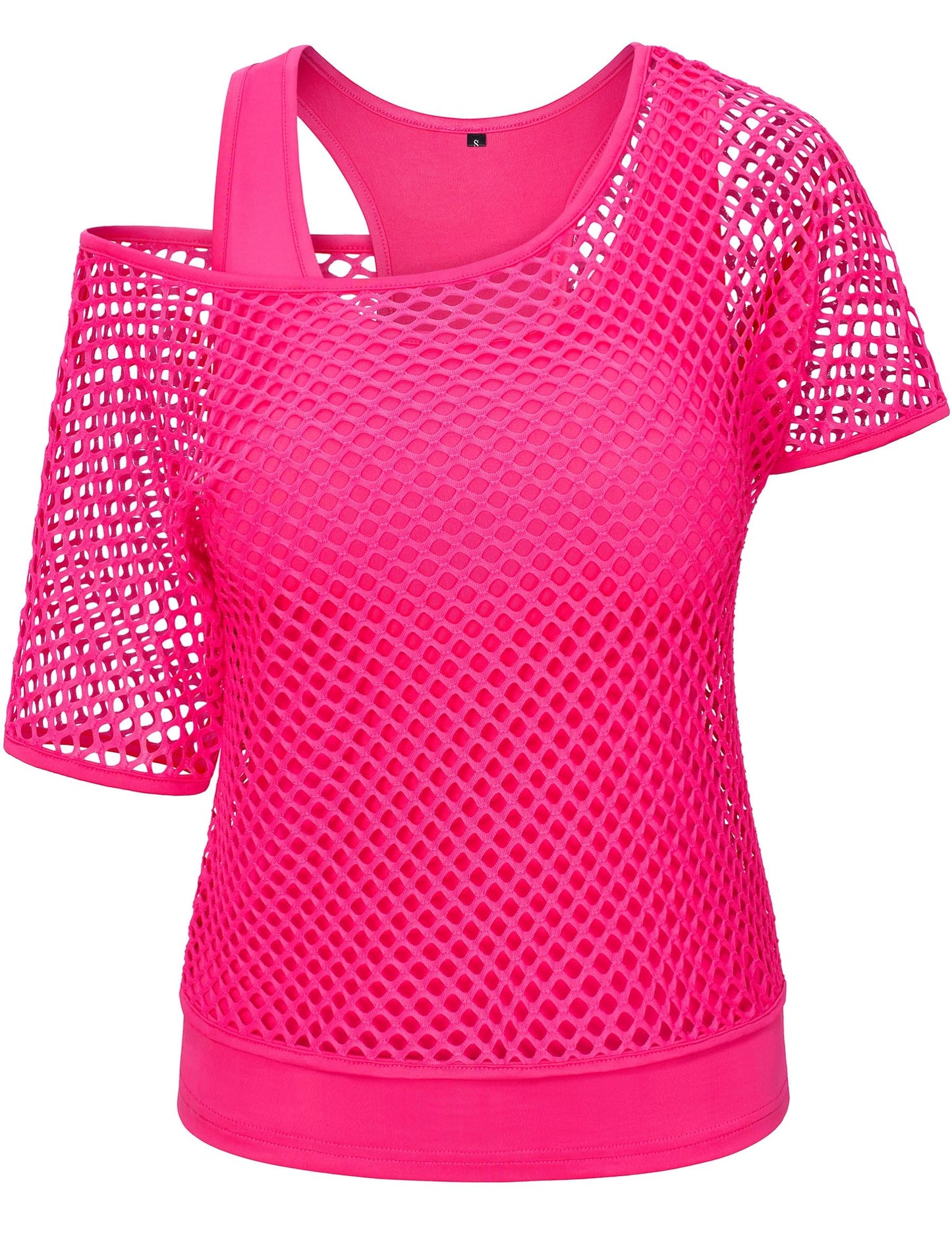 Yuriko 80s Outfit Party Costumes Fishnet Neon Off Shoulder T-Shirt Two Pieces With Fancy Dress Costume Accessories(Pink 2XL)