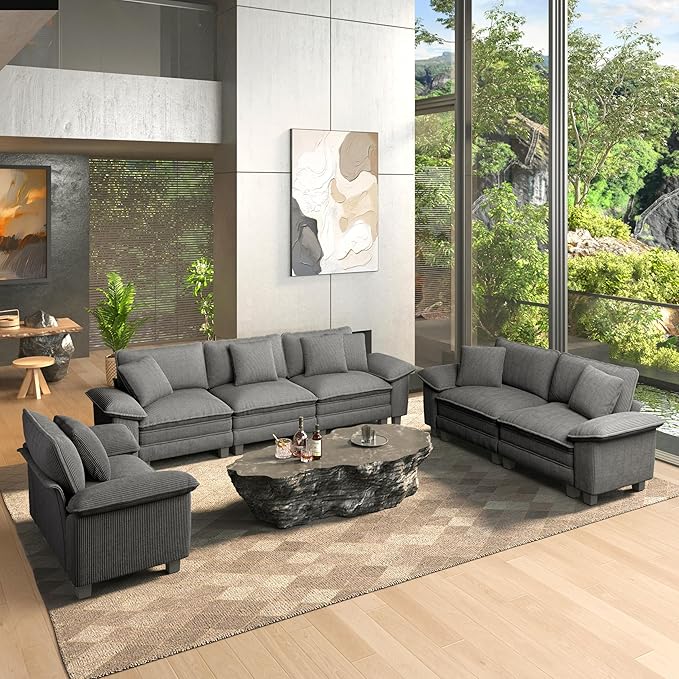 HERA'S HOUSE 3 Pieces Modular Sectional Sofa Sets, Oversized Couch Set with Loveseats, Comfy Cloud Couches with Throw Pillows, 7-Seater Deep Seat Sofa for Living Room, Corduroy Grey