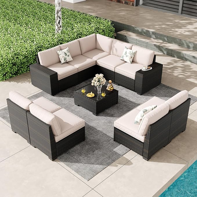 SunloungeCo Patio Furniture Set, 10 Pieces Outdoor Couch Sofa with Wider Armrests & Glass Coffee Table, Outdoor Sectional Furniture with Thick Cushions for Party, Poolside,Garden-Beige