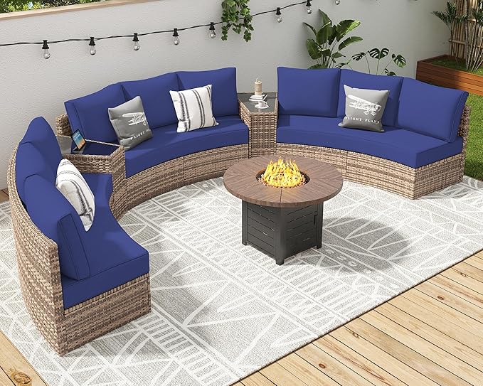 Patio Furniture Sets, 11 Piece Half-Moon Sectional Round Sofa Set, Outdoor Patio Furniture with Cushions & Wedge Table for Beach, Pool, Balcony, Blue