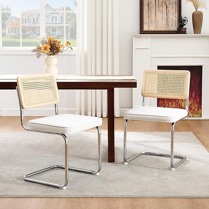 Zesthouse Rattan Dining Chairs Set of 6, Mid Century Modern Dining Room Chairs with Natural Cane Mesh & Chrome Base, White Cesca Chair Velvet Fabric, Farmhouse Kitchen Chair with Solid Wood Frame Back