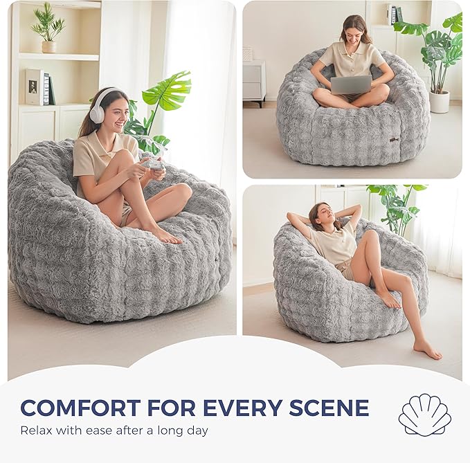 MAXYOYO Giant Bean Bag Chair for Adults, Stuffed Shell-Shaped Large Bean Bag Couch, Cozy Living Room Chair with Filler, Floor Sofa Lazy Sofa for Bedroom Living Room, Grey