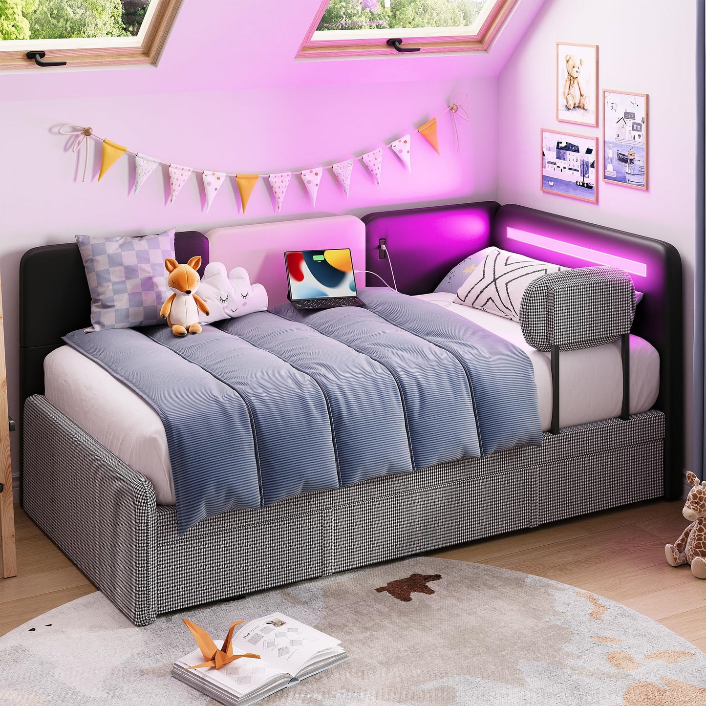LIKIMIO Daybed with Trundle, Twin Day Bed Frame with Upholstered Guardrail, Charging Station & LED, Sofa Bed with Strong Supports, for Bedroom, Living Room, PU Leather