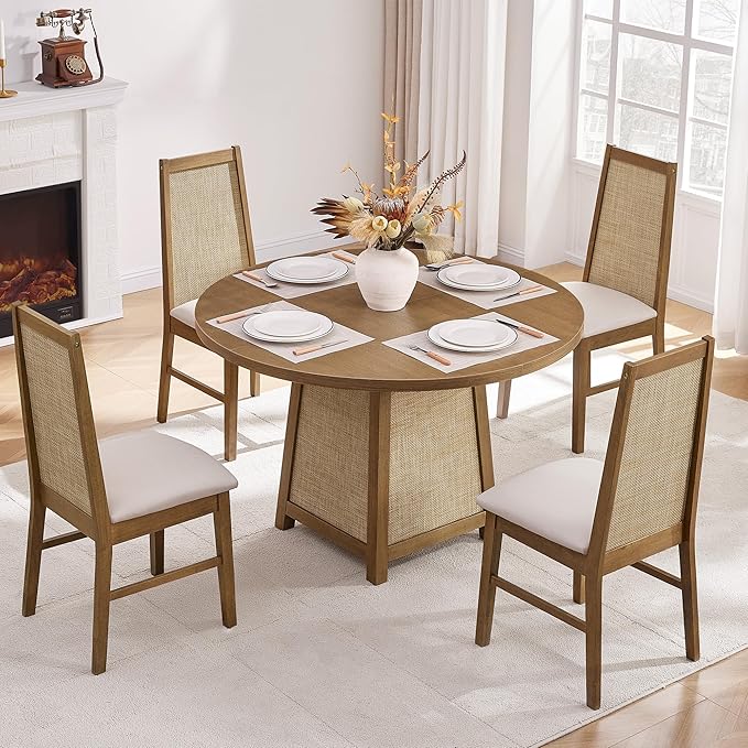 SICOTAS Wood Dining Chairs Set of 4 - Rattan Dining Room Chairs with Solid Wood Leg, Farmhouse Upholstered Kitchen Chairs High Back, Modern Armless Dining Chair for Dining Room, Kitchen, Oak, 4PCS