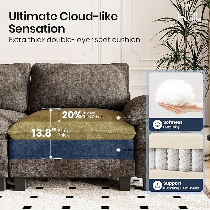 PHI VILLA Cloud Modular Couches Sets, 3 Pieces Large Sectional Sofa Set with Single Sofa, 5-Seater Upholstered Couch for Living Room, Chenille Fabric, Smoky Grey