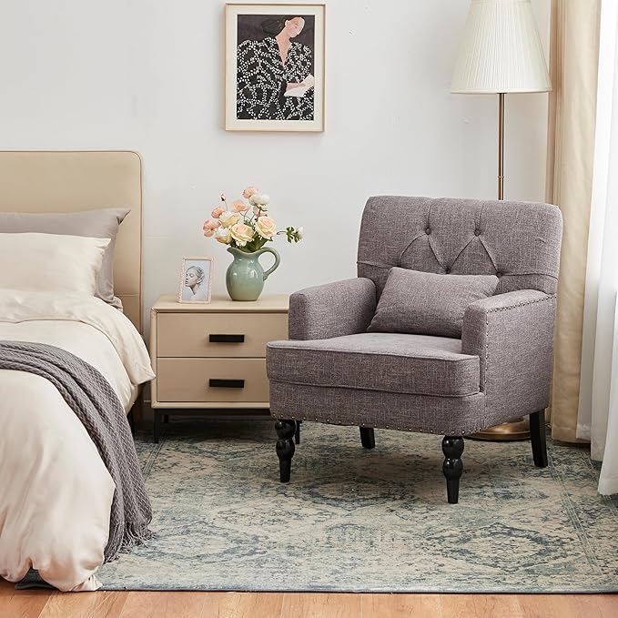 HUIMO Tufted Club Chair with Lumbar Pillow,Upholstered Button Armchair,Accent Reading Chair,Linen Fabric Sofa Chairs for Bedroom, Living Room, Mid Century Modern with Studded Chair Grey