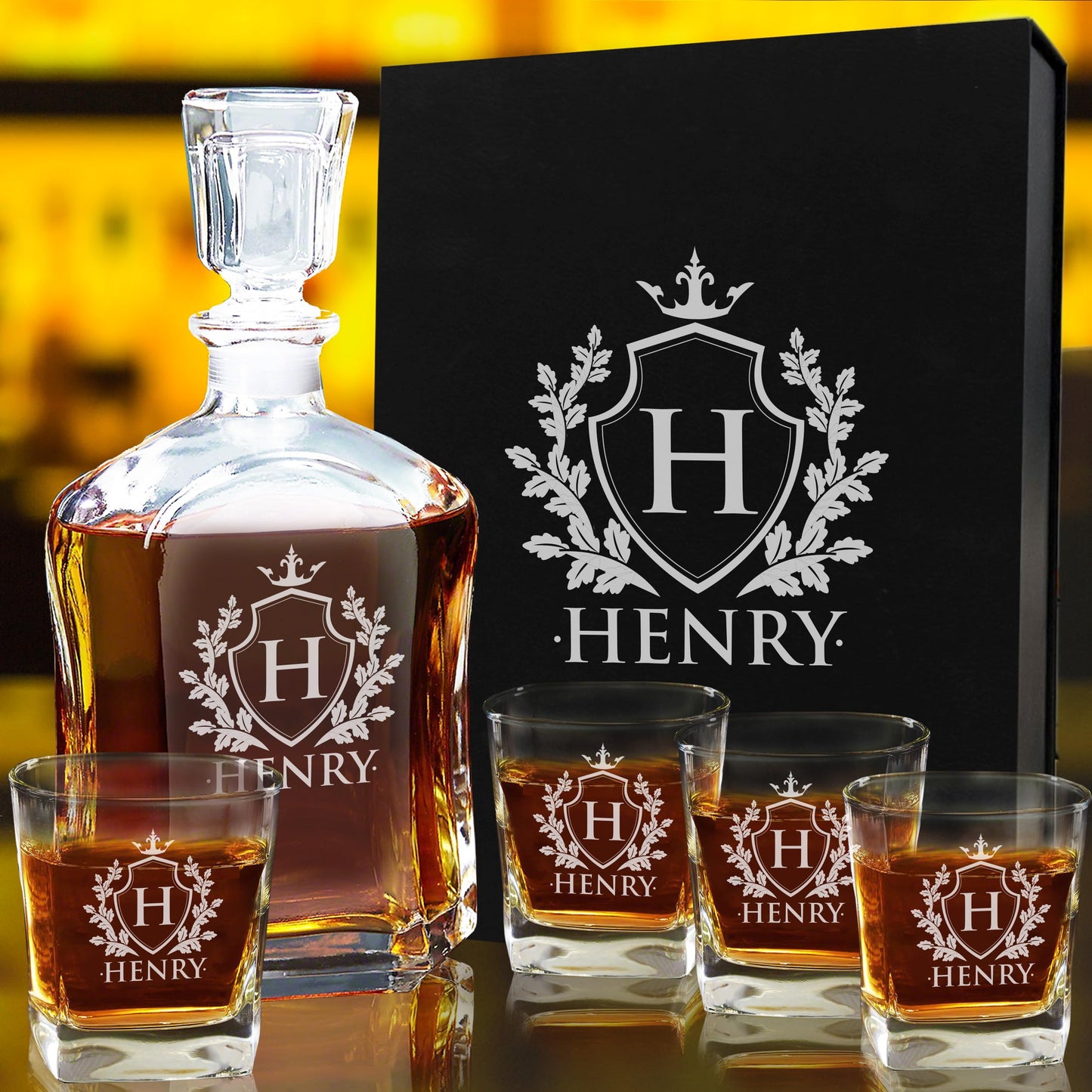 My Personal Memories, Personalized 5 pc Whiskey Decanter Set - Decanter and 4 Glasses Gift Set - Custom Engraved with Name and Initial (Shield Design)