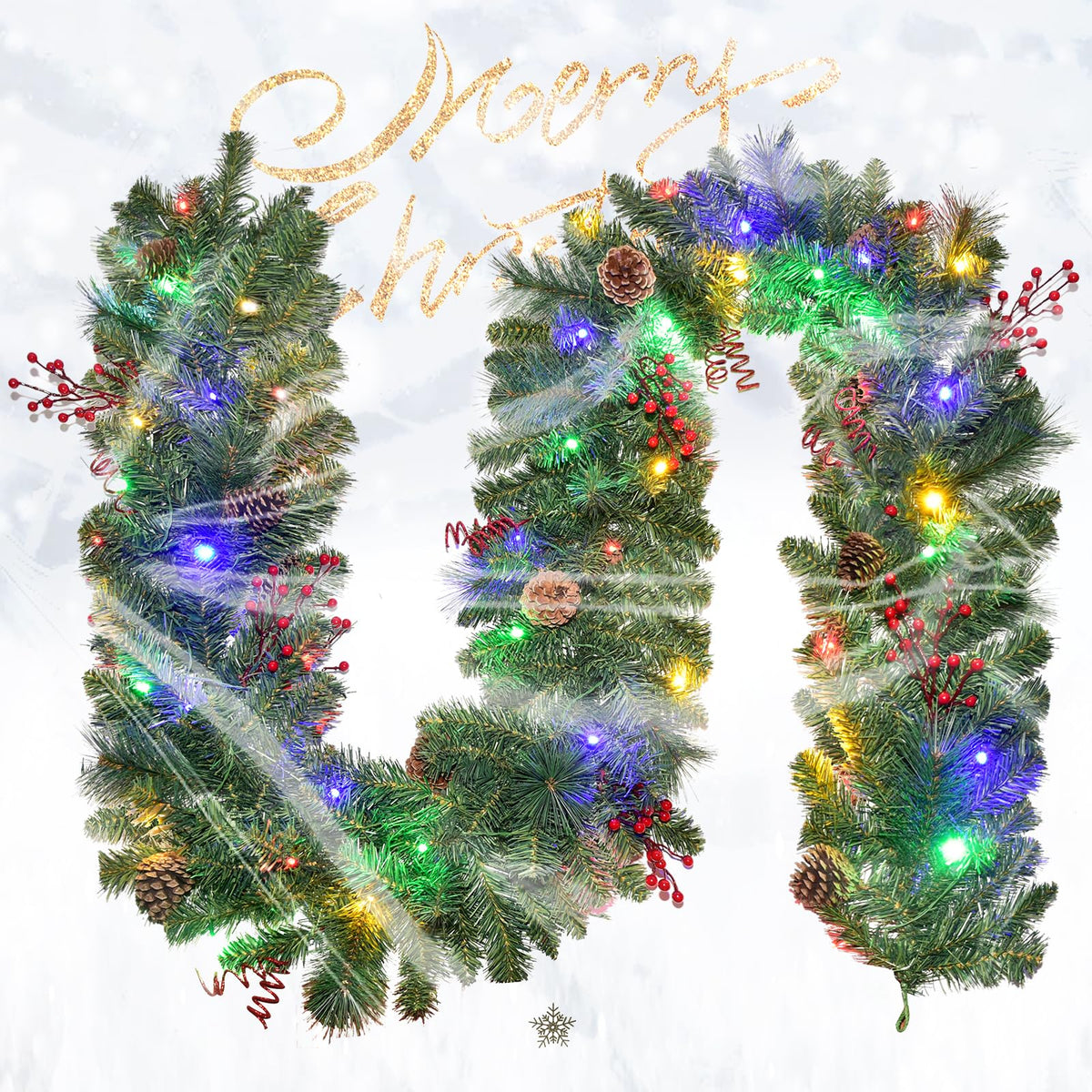 Christmas Garland with Lights 9FT, Battery Powered 50 LED Lights, 8 Lighting Modes, Red Berry, Pine Cone for Stairs, Front Door, Christmas Decor