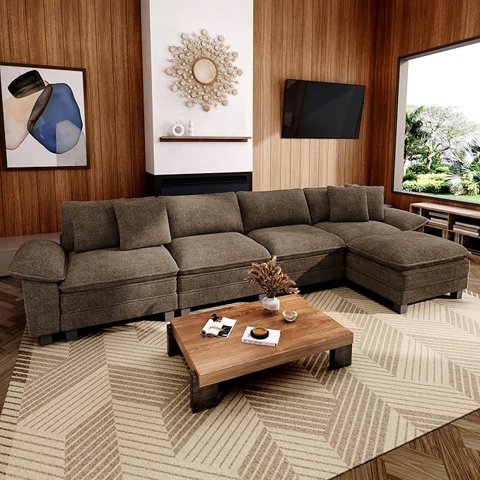MIXPATIO 157-Inch L Shaped Sectional Sofa with Cloud Cushions, Deep Seat Modular Couch Set w/ 5 Seats & 1 Ottomans, Removable Arms, Plush Chenille Upholstery for Living Room, Apartment - Taupe