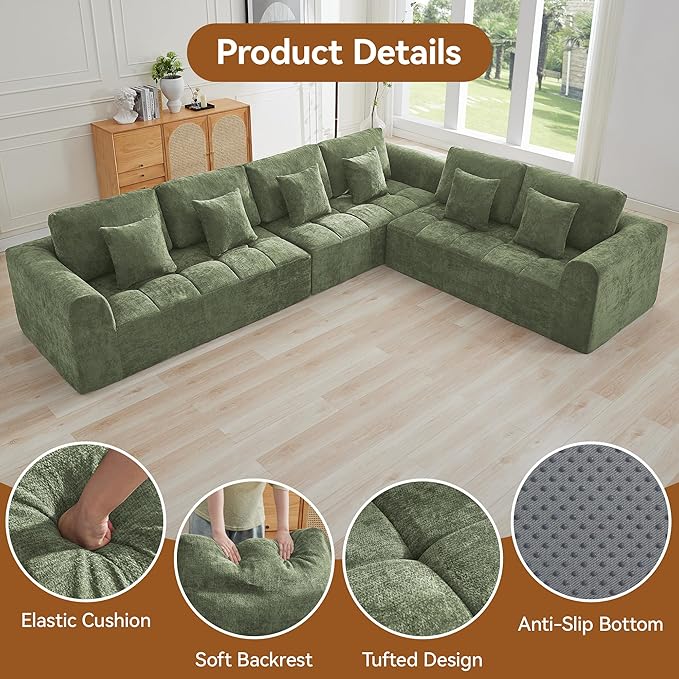 140''Modular Sectional Couches for Living Room, Cloud Boneless Compressed Sectional Sofa, Oversized L Shaped 6 Seater Upholstered Memory Foam Sofa, No Assembly, Chenille Green