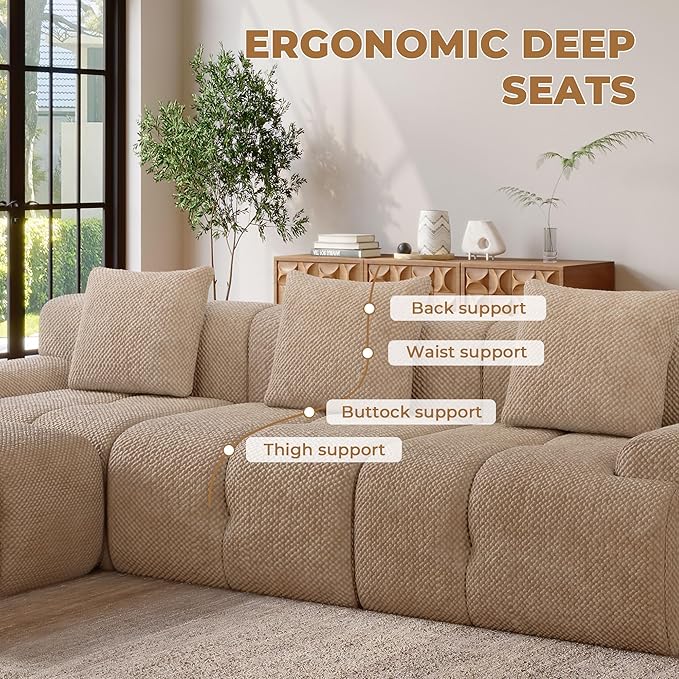 104" Modern L Shaped Modular Sectional Sofa, 4 Seater Convertible Chenille Cloud Couch Sofa Set, Boneless Couches for Living Room with Ottoman, No Assembly Required, Brown