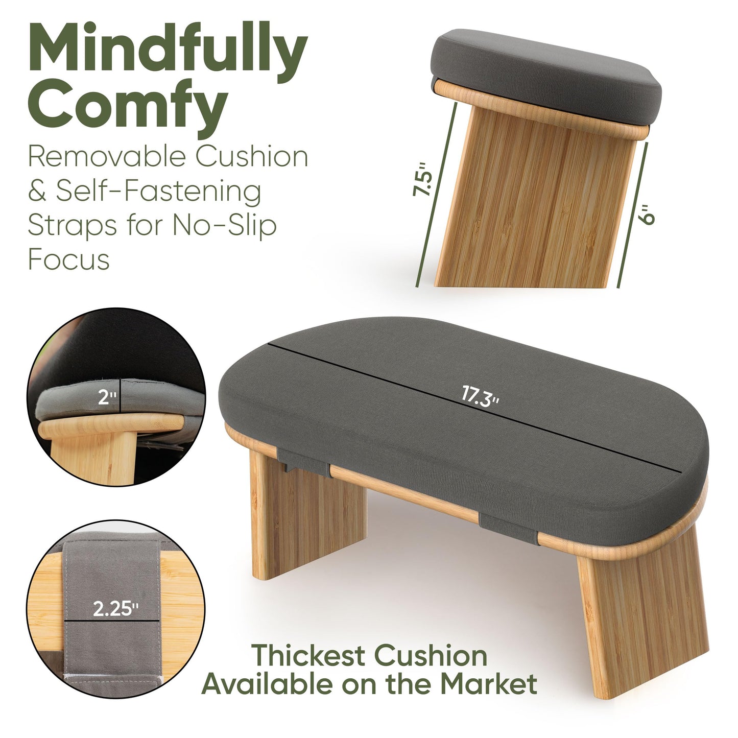 Meditation Chair w/ Extra Thick Cushion - Portable Bamboo Meditation Bench w/ Magnetic Locking Hinge - Anterior Tilt Seiza Bench Ideal for Comfortable & Stable Meditation - Sleek Canvas Kneeling Chair