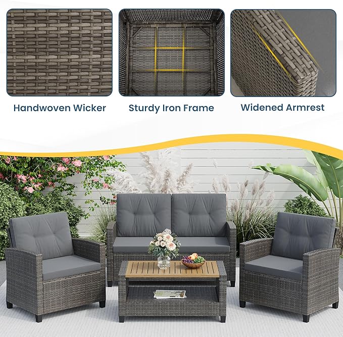 Wisteria Lane 4 Piece Patio Furniture Set, Wicker Outdoor Patio Conversation Furniture Set, All Weather Outdoor Patio Sofa with Cushion and Wood Table, Gray Wood