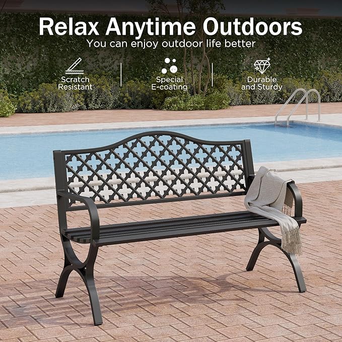 PHI VILLA 50" Garden Metal for Outdoors Weatherproof 2-Person Steel Furniture for Garden, Patio, Porch, Black