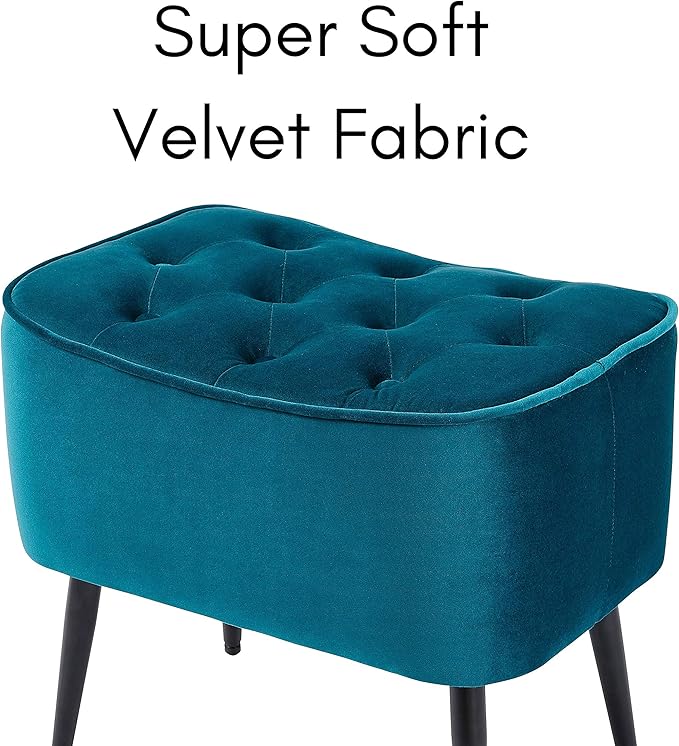 BIRDROCK HOME Tufted Curve Ottoman Velvet Foot Stool - Upholstered Padded Footrest for Living Room or Bedroom - Small Cushioned Accent Chair for Couch, Sofa, Lofted Seating - Modern Furniture - Teal