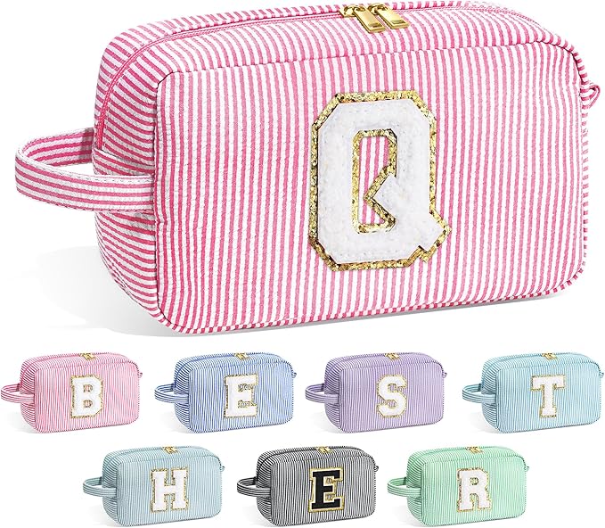 YOOLIFE Initial Makeup Bag for Women -Monogram Cute Pink Makeup Bags Cosmetic Toiletry Pouch Make Up Case for Women Her Best Friend Friendship Sister Teacher, Personalized Birthday Gifts for Women
