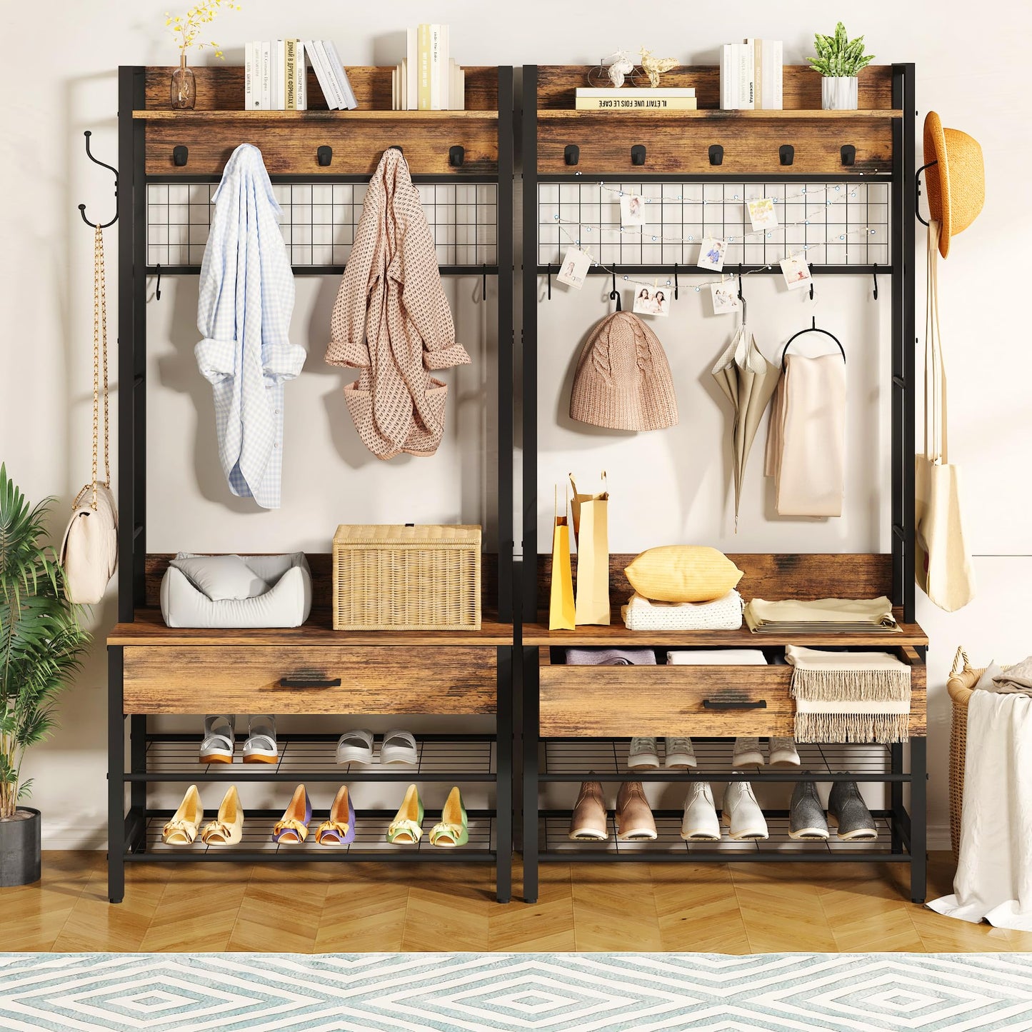 Recaceik Hall Tree, Entryway Coat Rack with Drawer, Industrial 5 in 1 Entryway Bench with Storage Shoe Rack and 12 Hooks, Freestanding Home Organizer with Shelf & Grid Panel, Anti-Dumping