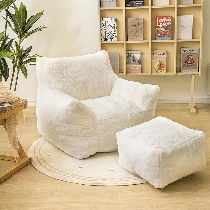 Cvortll Bean Bag Chair with Ottoman, Armrest Bean Bag Chairs with Filler, Ultra Soft Fluffy Faux Fur Bean Bag Chair with Foot Rest, Plush Lazy Sofa with Foot Stool for Living Room, Dorm