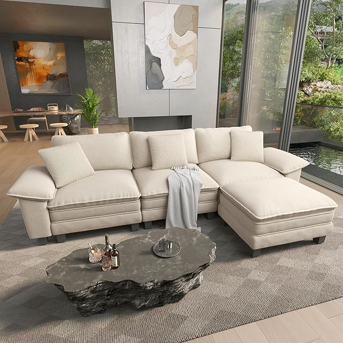 HERA'S HOUSE 124" Modular Sectional Sofa, Oversized L Shaped Couches for Living Room, Comfy Cloud Couch with Ottoman, 4-Seater Deep Seat Sofa with Throw Pillow, Chenille Beige
