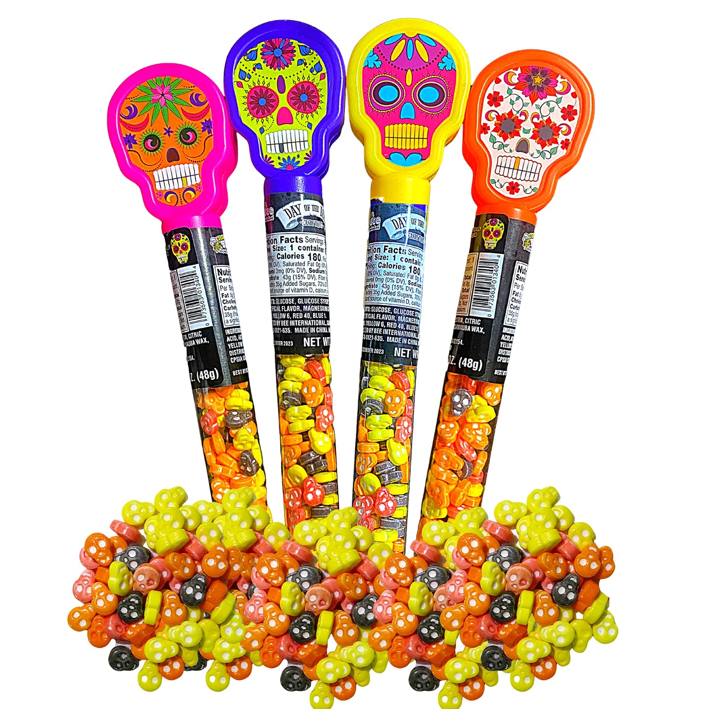 Needzo of the Dead Sugar Skull Plastic Candy Tubes with Hard Candies Inside, Dia De Los Muertos Party Favors, Small Halloween Gifts, Pack of 4