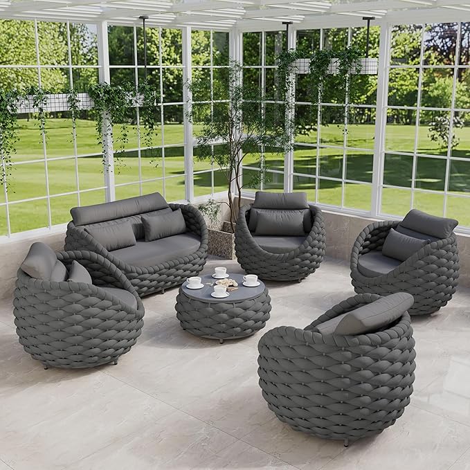 Erotr Cushioned Outdoor Patio Furniture Set: 6 Pieces Aluminum Porch Conversation Sofa Set - Modern Hand Woven Rope Deck Couch Set - Assembled All Weather for 661lbs Garden Yard Pool Hotel, Dark Gray