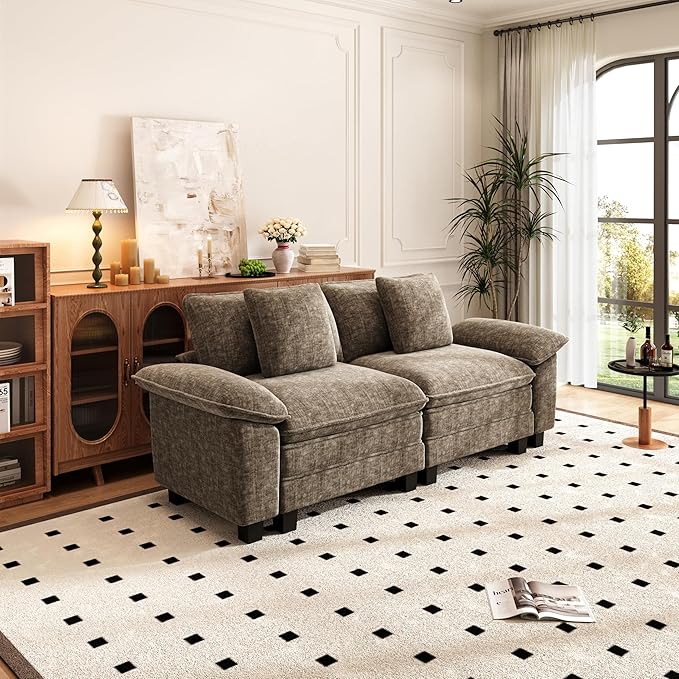 PHI VILLA Indoor Modular Couches Sets, 87.5" Sectional Loveseat Sofa with Upholstered Deep Seat, 2-Seater Comfy Couches for Living Room Bedroom, Chenille Fabric, Taupe
