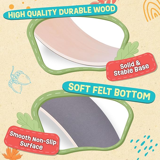 Acorn Avenue Non Slip Balance Board, 35 Inch Non Slip Felt Rocker Board Durable Wood, Kids Toddler Open Ended Learning Toy, Yoga Curvy Board