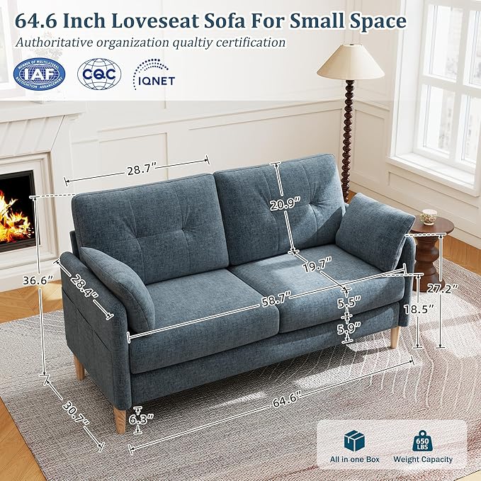 Hanherry Loveseat Sofa, 64.6" Small Couch for Living Room, Comfy Chenille Fabric Love Seat for Bedroom with Throw Pillow,Removable Cushion Cover,Couches for Small Space,Apartment,Dorm