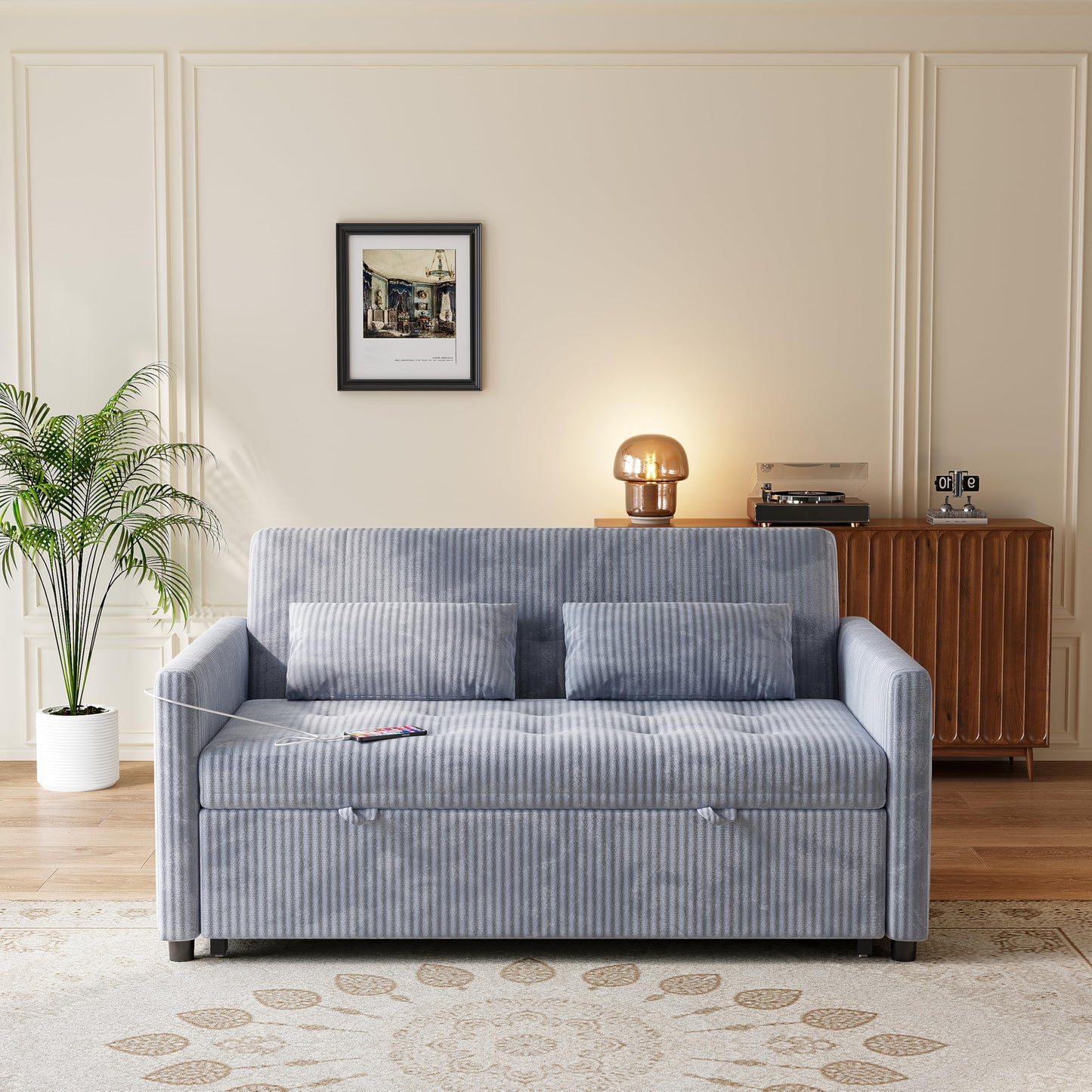UXENAFANA Sofa Bed, Loveseat 3-in-1 Sleeper Sofa with Pull Out Bed, Pockets and USB, Modern 2 Seater Convertible Small Couch for Living Room Bedroom Apartment (Gray, Corduroy)