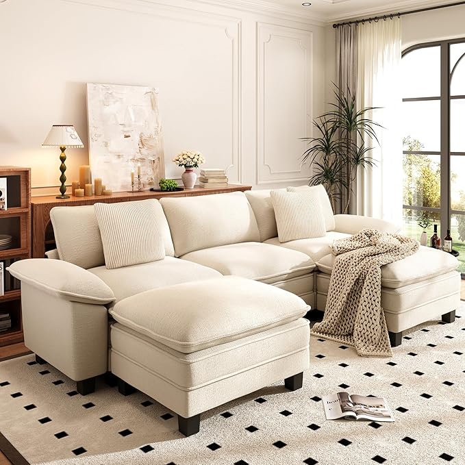 PHI VILLA Cloud Modular Couch Sets, 123.6" Sectional Sofa with U-Shaped Chaise, 5-Seater Couches with 2 Movable Ottomans for Living Room, Chenille Fabric, Beige