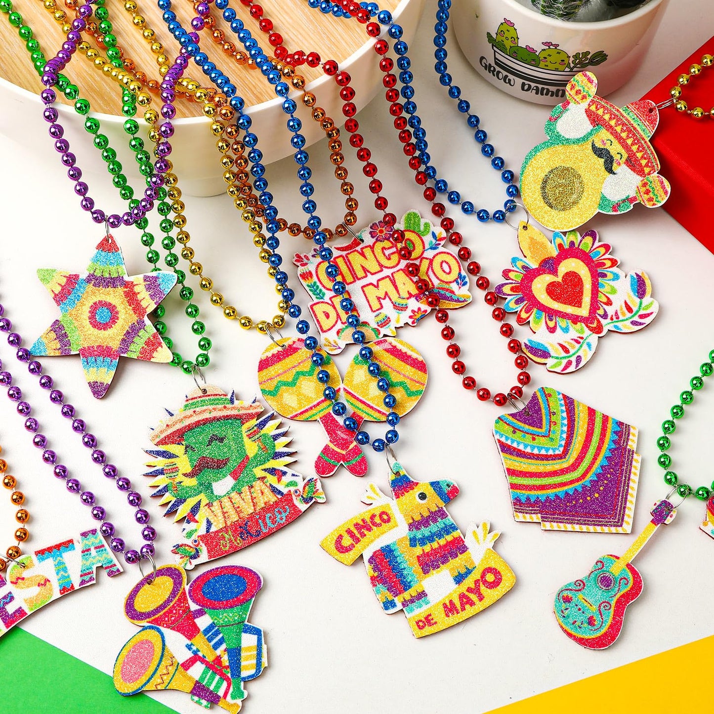 NOVWANG 24 Pcs Mexican Necklaces 12 Styles Cinco de Mayo Necklaces Multi Colors Fiesta Necklaces for Mexican Birthday Party Favors Supplies