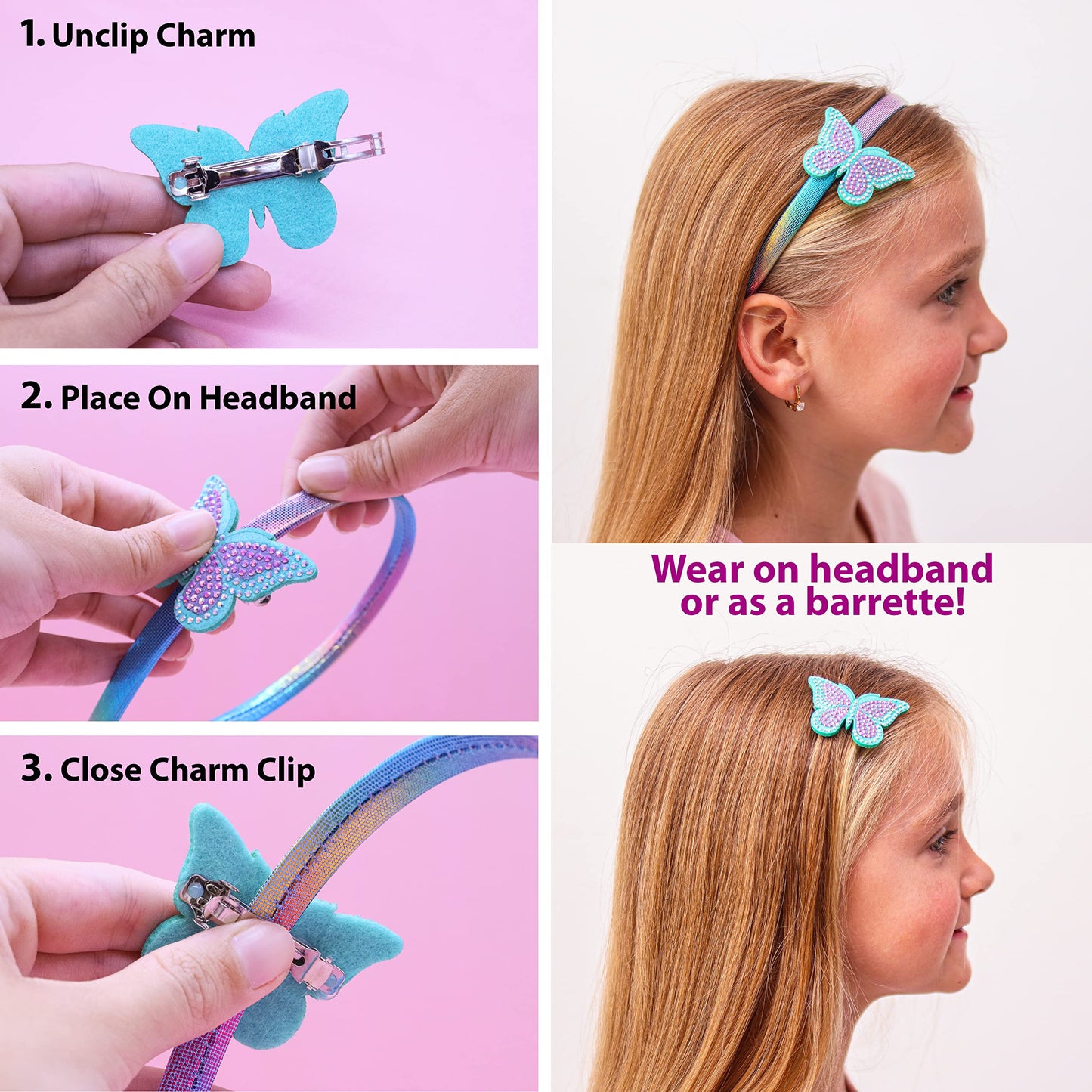 FROG SAC Charm Headbands for Girls - Kids Hair Bands with Interchangeable Clips, Thin Head Band Accessories for Children (Unicor