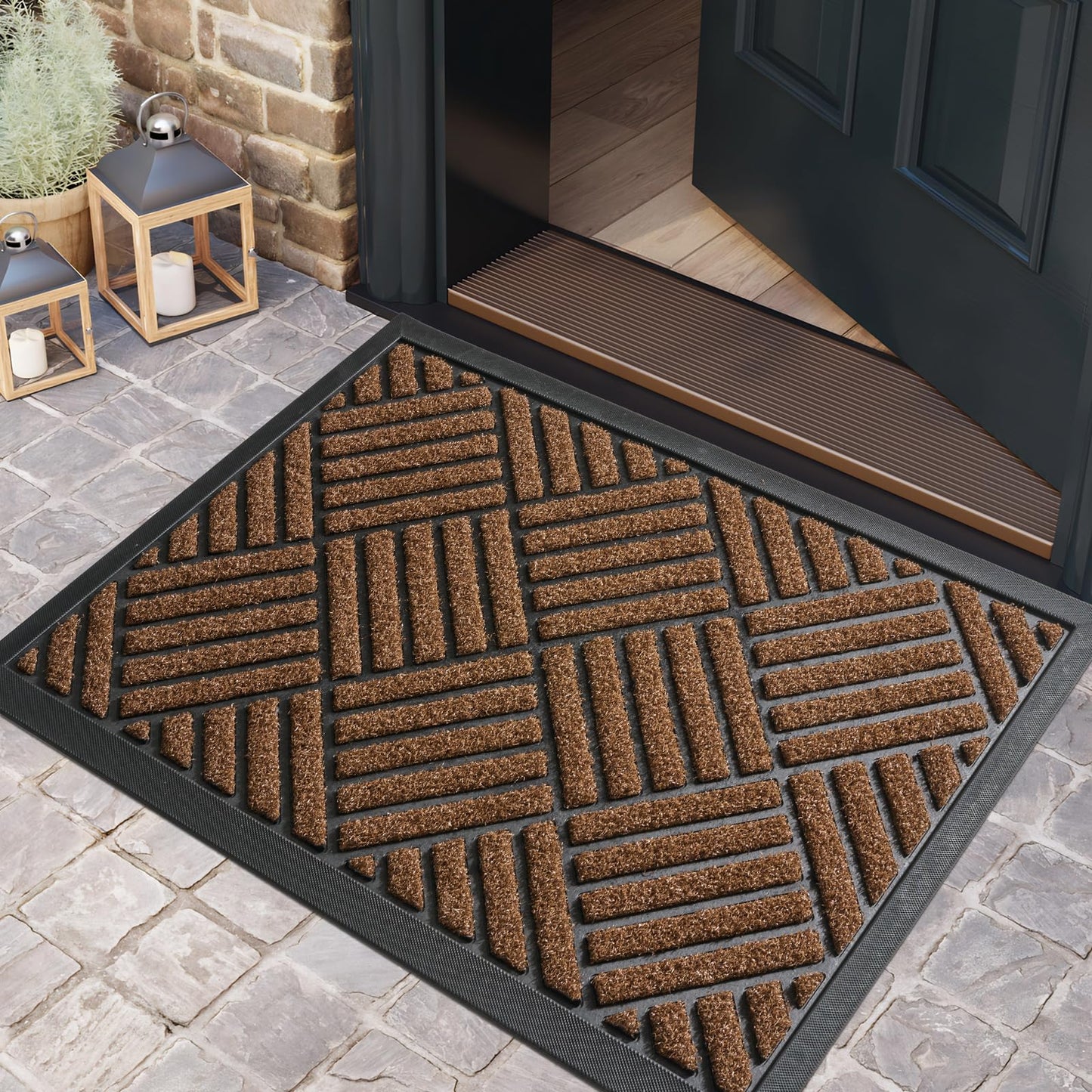 HIYARD Front Door Mat Outdoor, All-Season, All-Weather Doormat, Sturdy Non-Slip Backing, Low Profile, Easy Clean Welcome Mat, Coffee, 29x17