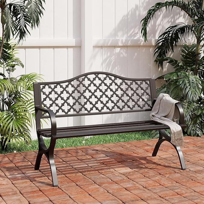 PHI VILLA 50" Garden Metal for Outdoors Weatherproof 2-Person Steel Furniture for Garden, Patio, Porch, Black