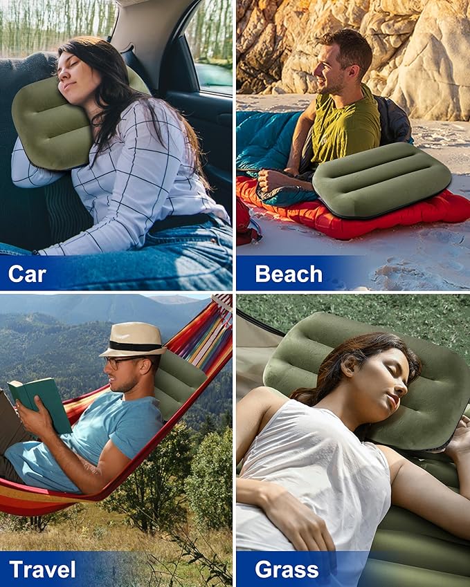 Kampair Ultralight Inflatable Camping Pillow for Sleeping – Soft Velvet Cover, Compact & Portable, Ergonomic Neck Support, Machine Washable Air Pillow, Perfect for Travel, Hiking, Backpacking – Green