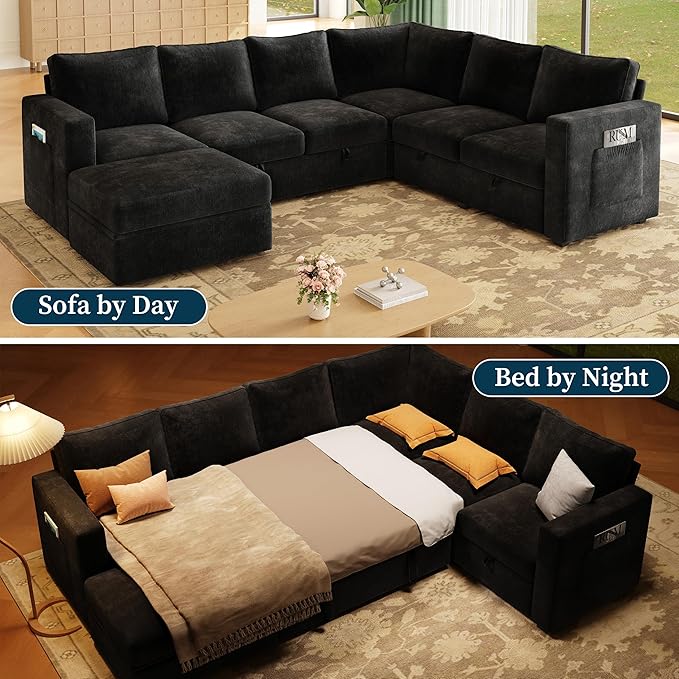 SUAWY 106.7" Sectional Sleeper Sofa with Pull Out Couch, Modern 7 Seat U Shaped Modular Couch, Sectionals Modular Sofa with Storage, Comfy Sectional Couches for Living Room & Apartment, Black