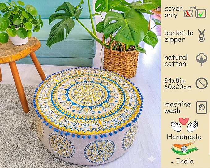 Boho Floor Pillow Cover Round Moroccan Large Pouf Ottoman Room Décor Cushion for Meditation Yoga and Boho Chic Bohemian Furniture Perfect for Living Room, Bedroom, Nursary or Children Room Unstuffed