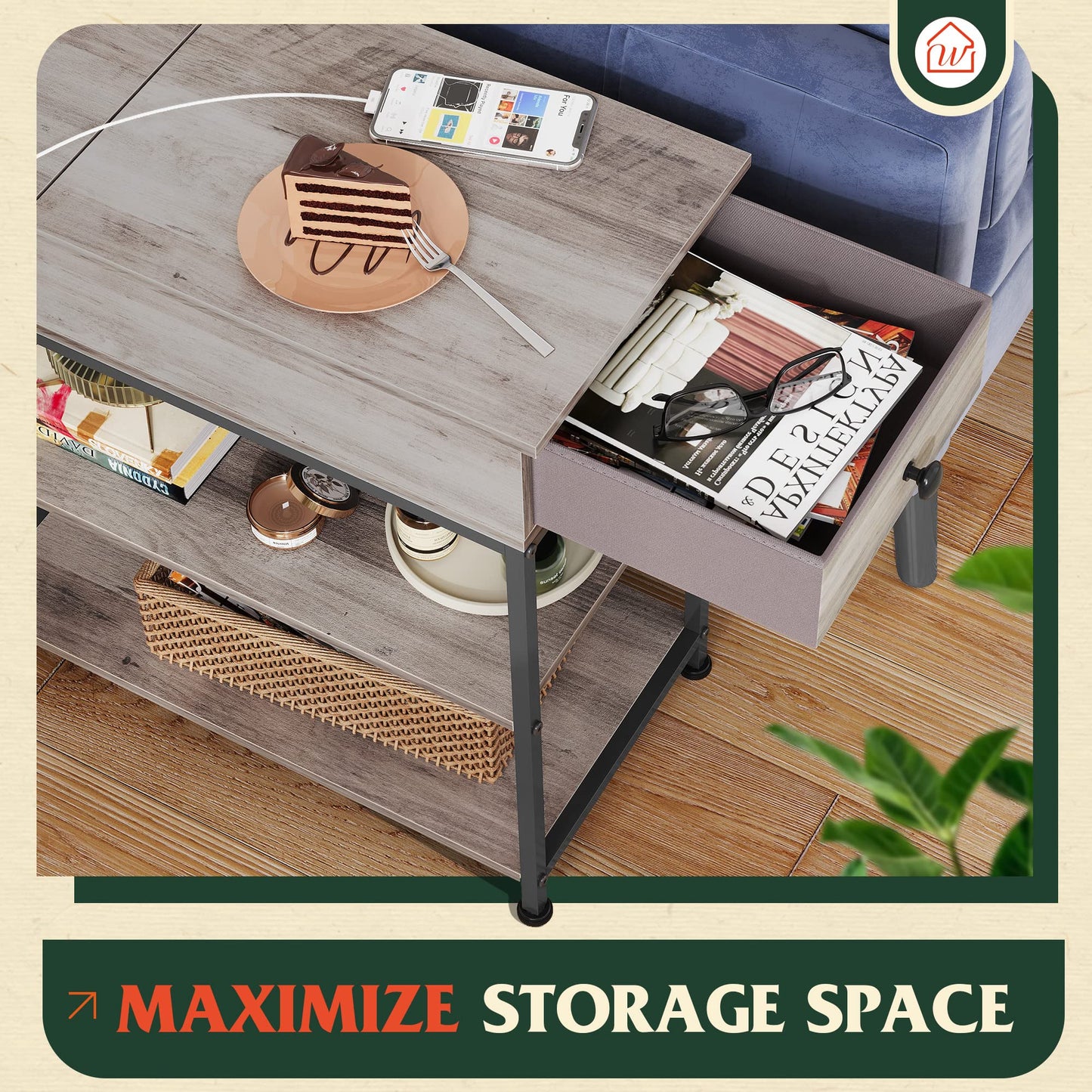 WLIVE Side Table, Narrow Side Table with Charging Station, 2 USB & AC Outlets, Space-Saving End Table for Living Room, Sofa Bedside Table with Fabric Drawer, Grey Oak
