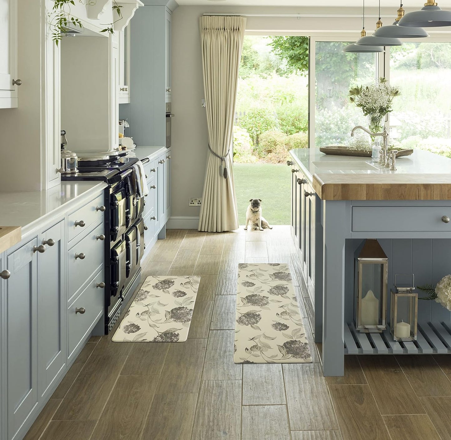 Laura Ashley – Anti-Fatigue Kitchen Mat Set| Hydrangea Floral Design | Stain, Water & Fade Resistant | Cooking & Standing Relief | Non-Slip Backing | Measures 17.5” x 48" and 17.5" x 28"| Grey