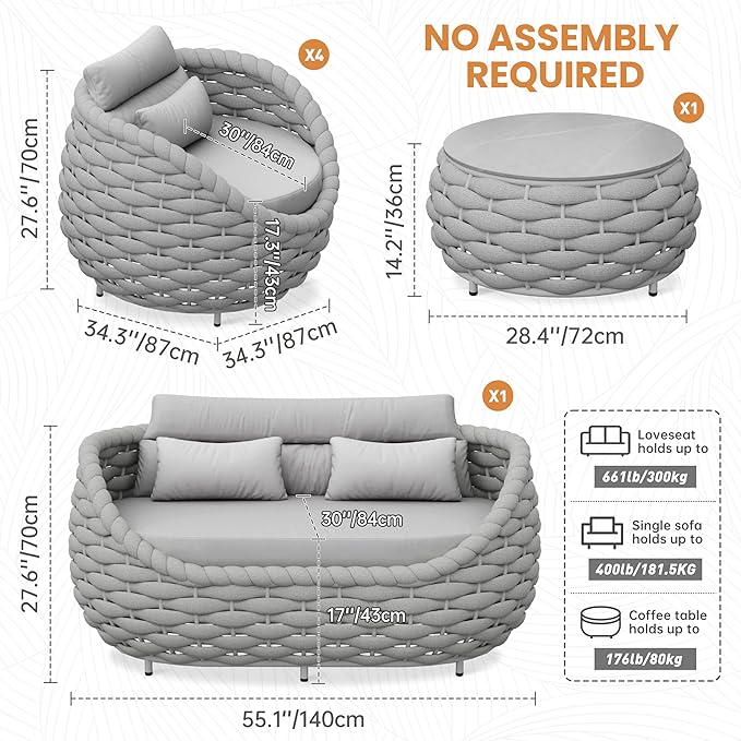 Erotr Rope Outdoor Patio Furniture Set: 6 Pieces Aluminum Porch Conversation Sofa Set - Modern Hand Woven Deck Couch Set Cushioned - No Assembly All Weather for 660lbs Yard Garden Lanai Hotel, Gray