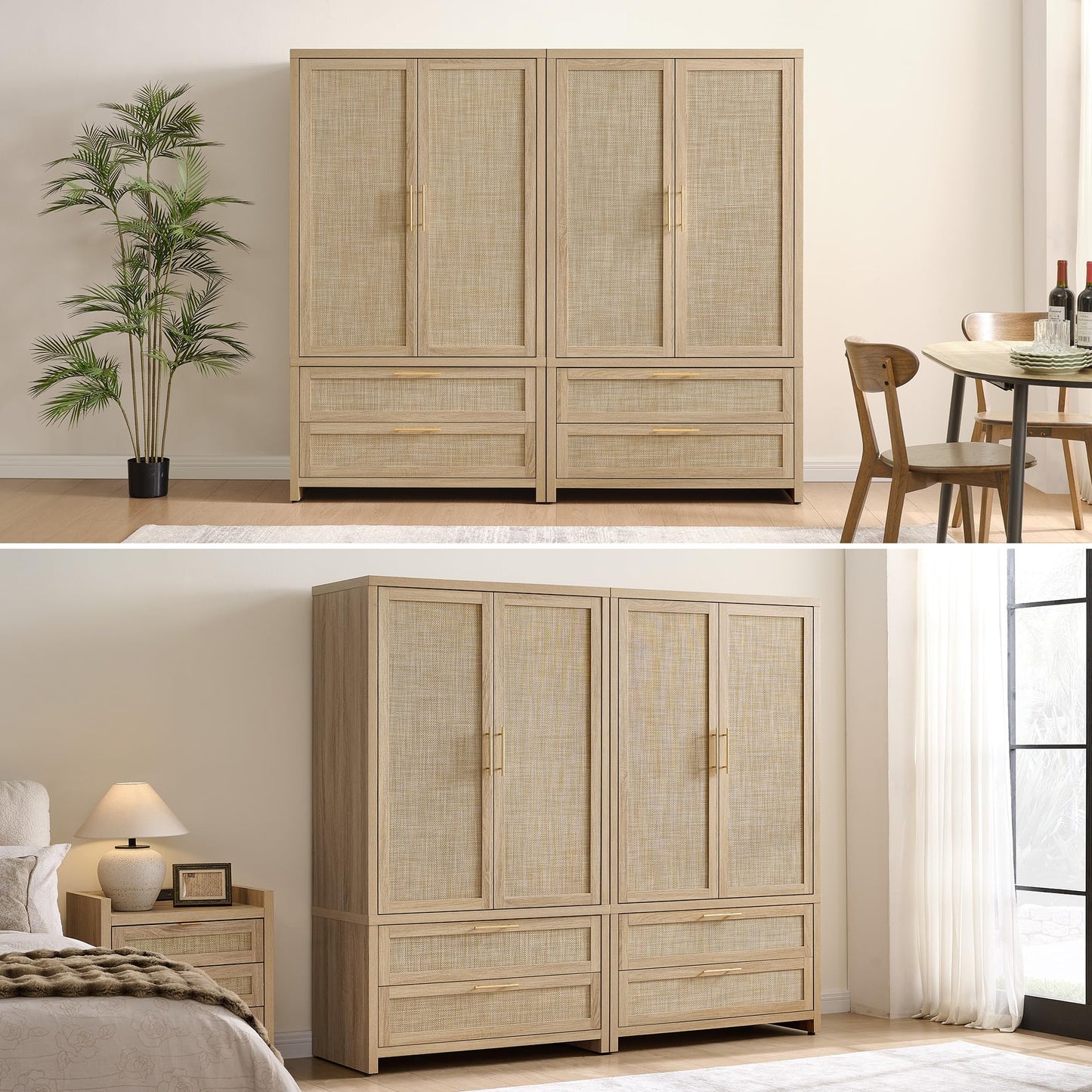 SICOTAS Rattan Armoire Wardrobe Closet Cabinet, 71" Tall Wardrobe Storage Cabinet with Doors, Large Drawers and Hanging Rod, Boho Armoire Clothes Organizer for Bedroom, Cloak Room, Light Oak