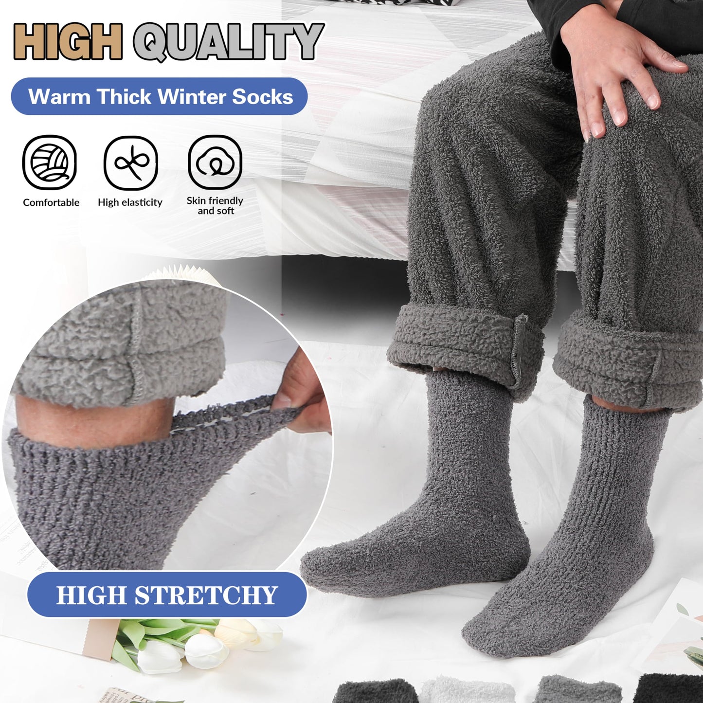 Fuzzy Socks for Women Men Warm Fluffy Winter Cozy Thick Slipper Plush Sleep Comfy Crew Socks Christmas Gifts Stocking Stuffers for Women(Black/Dark Grey/Deep Blue/Grey,M)