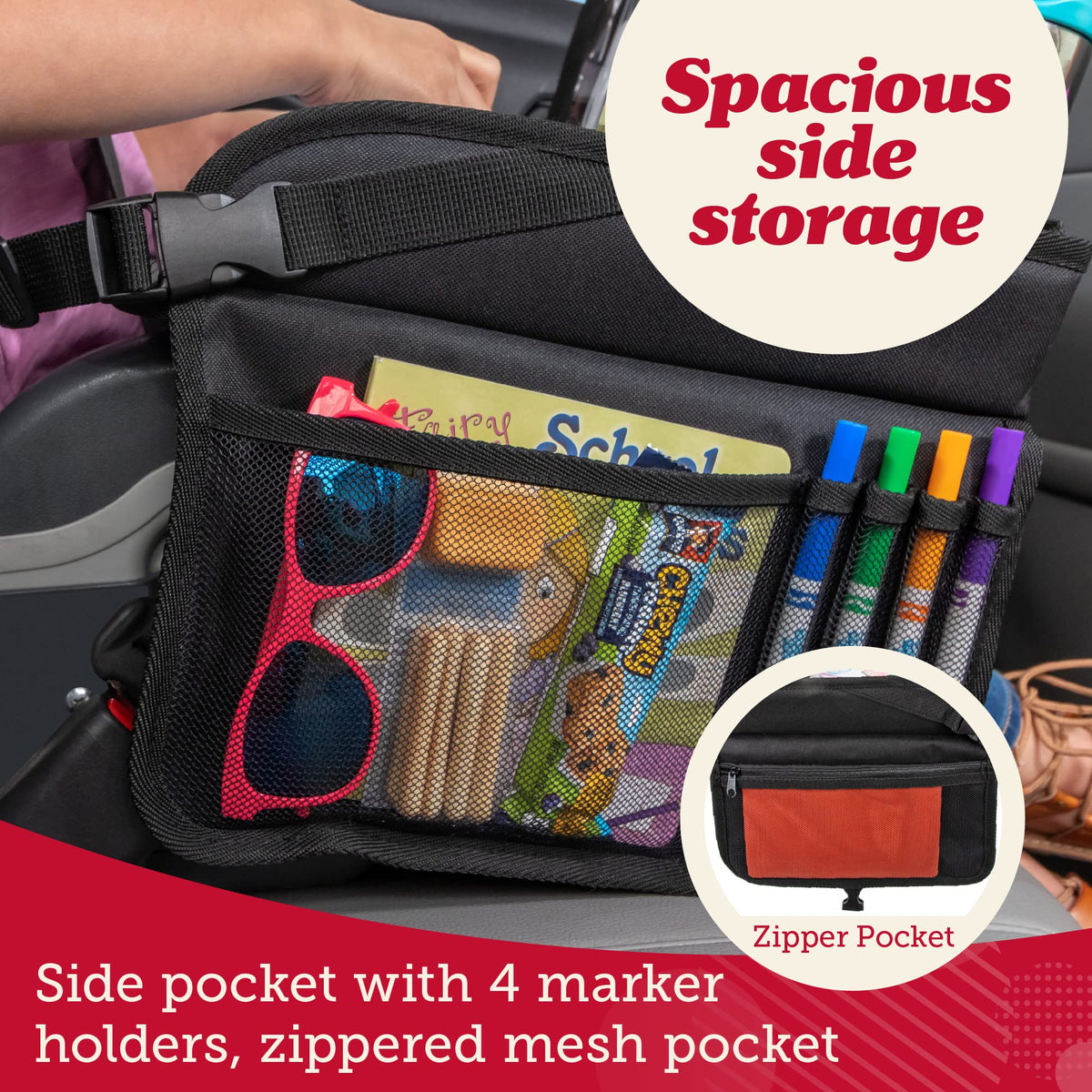Lusso Gear Car Seat Tray for Kids Travel - Black 600D Oxford Lap Desk Organizer with Dry-Erase Surface, Tablet Stand, Snack Holder & Cup Holder - Travel Tray for Kids Car Seat