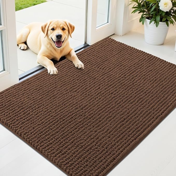 OLANLY Dog Door Mat for Muddy Paws 44x32, Ultra Absorbent Chenille Mud Doormat, Non-Slip Washable and Dirt Trapping Doormat for Indoor Entryway, Quick-Dry Indoor Pet Bed Mats for Dogs, Mocha