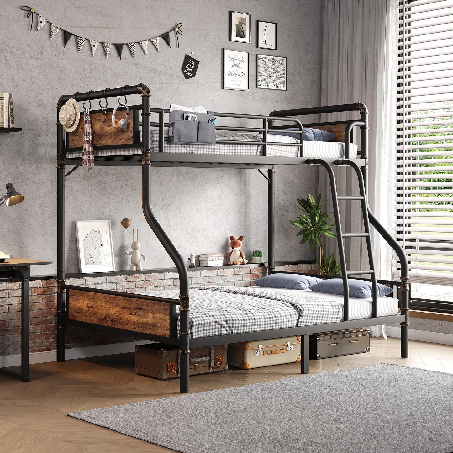 Bunk Bed Twin Over Full, Heavy Duty Metal Bunkbeds with Ladder and Full-Length Guardrail, Convertible into 2 Individual Beds for Kids, Teens and Adults, Under-Bed Storage Space, Vintage Brown