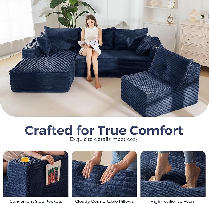 MAXYOYO 132" Oversize Modular Sectional Couch with L-Shape Chaise, Modern Boneless Couch for Living Room, Sofa in A Box, Oversized Sofa Sleeper with Deep Seat, No Assembly Required, Navy
