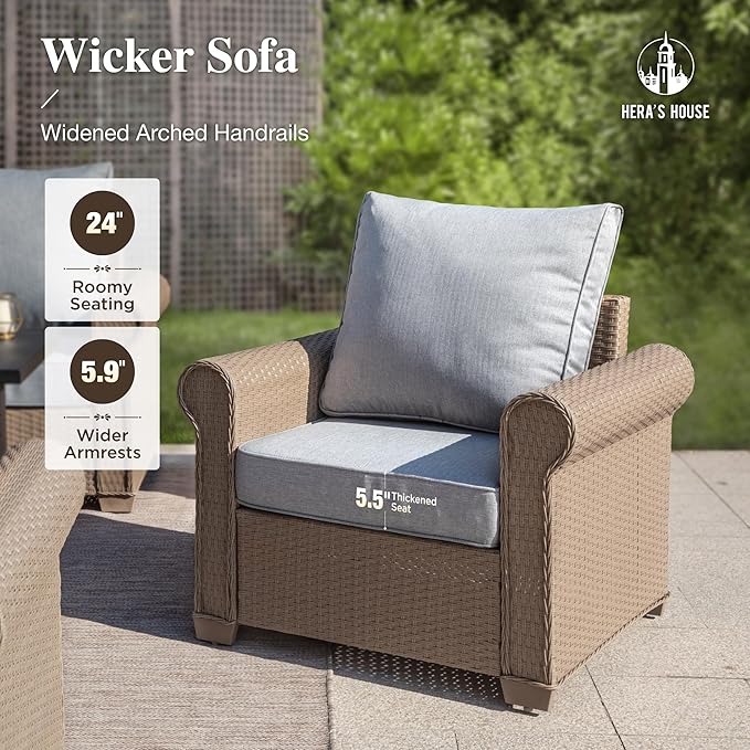 HERA'S HOUSE Patio Furniture Set, 2 Pieces Outdoor Wicker Chairs with Widened 5.9" Armrests and 5.5" Thick Waterproof Cushions, All Weather Conversation Set for Lawn Backyard Garden, Grey